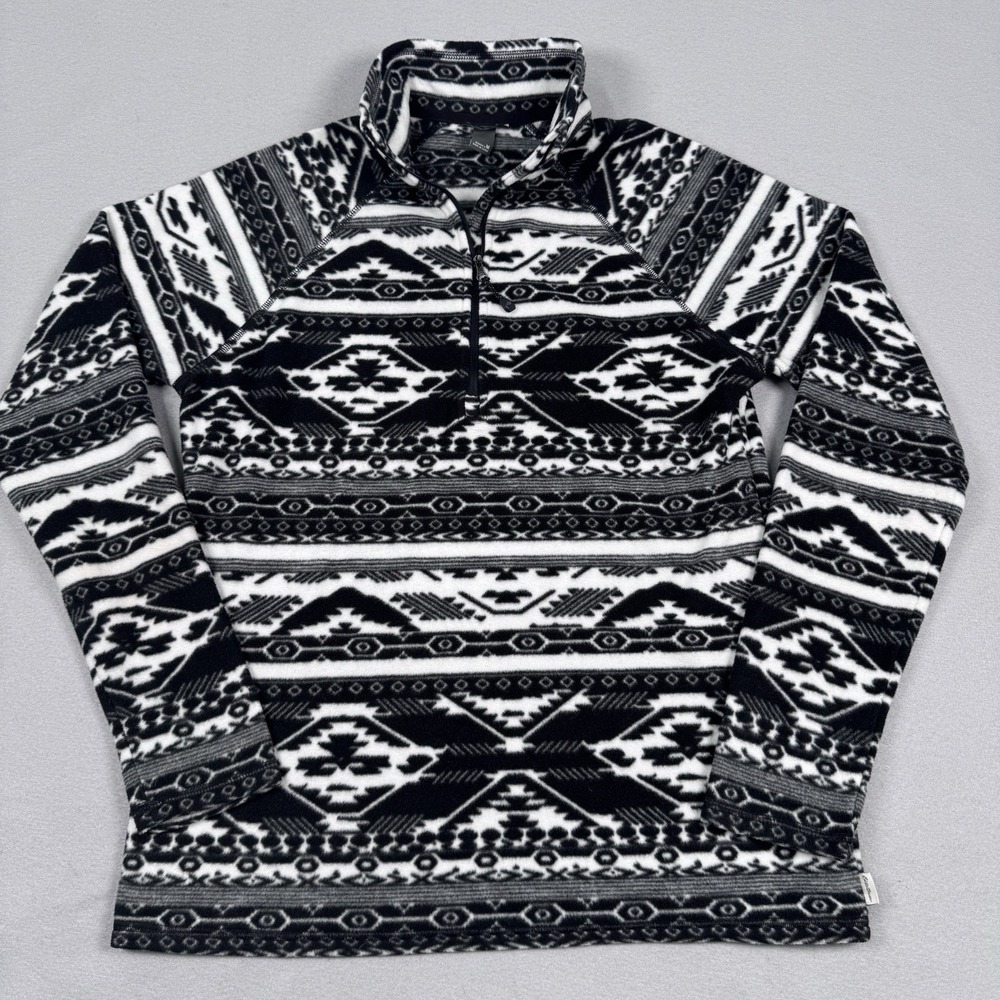 Eddie Bauer Sweater Women M Aztec Tribal 1/4 Zip Fleece Pullover Black White EUC